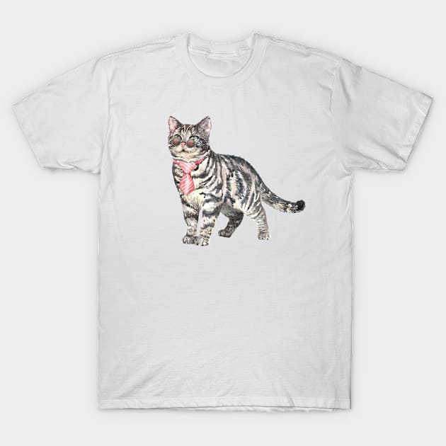 Funny Watercolor American Shorthair Cat Wearing Cravat and Sunglasses T-Shirt by labatchino